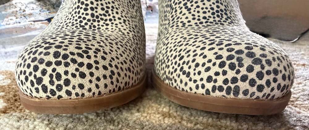 TOMS Kallie Cutout Wedge Booties in Macadamia Mini Cheetah Suede